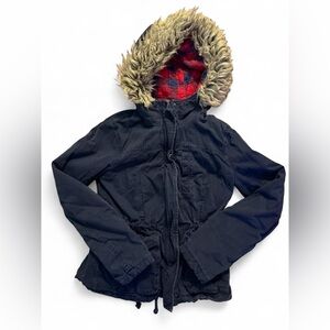 Hollister Navy Faux Fur Hooded Utility Jacket Plaid Lined Size S